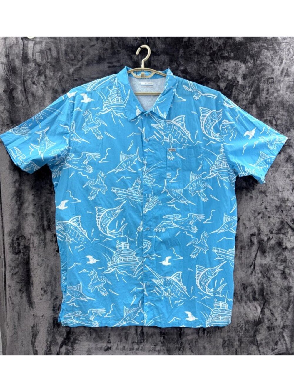 Columbia PFG Shirt Mens 4XT Blue Fish Pelican Boat Print Cotton Short Sleeve